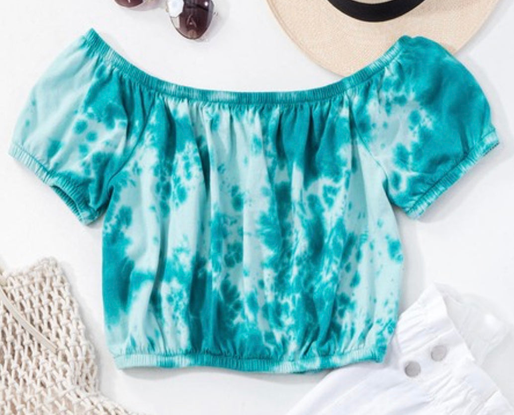 Teal and white tie dye crop