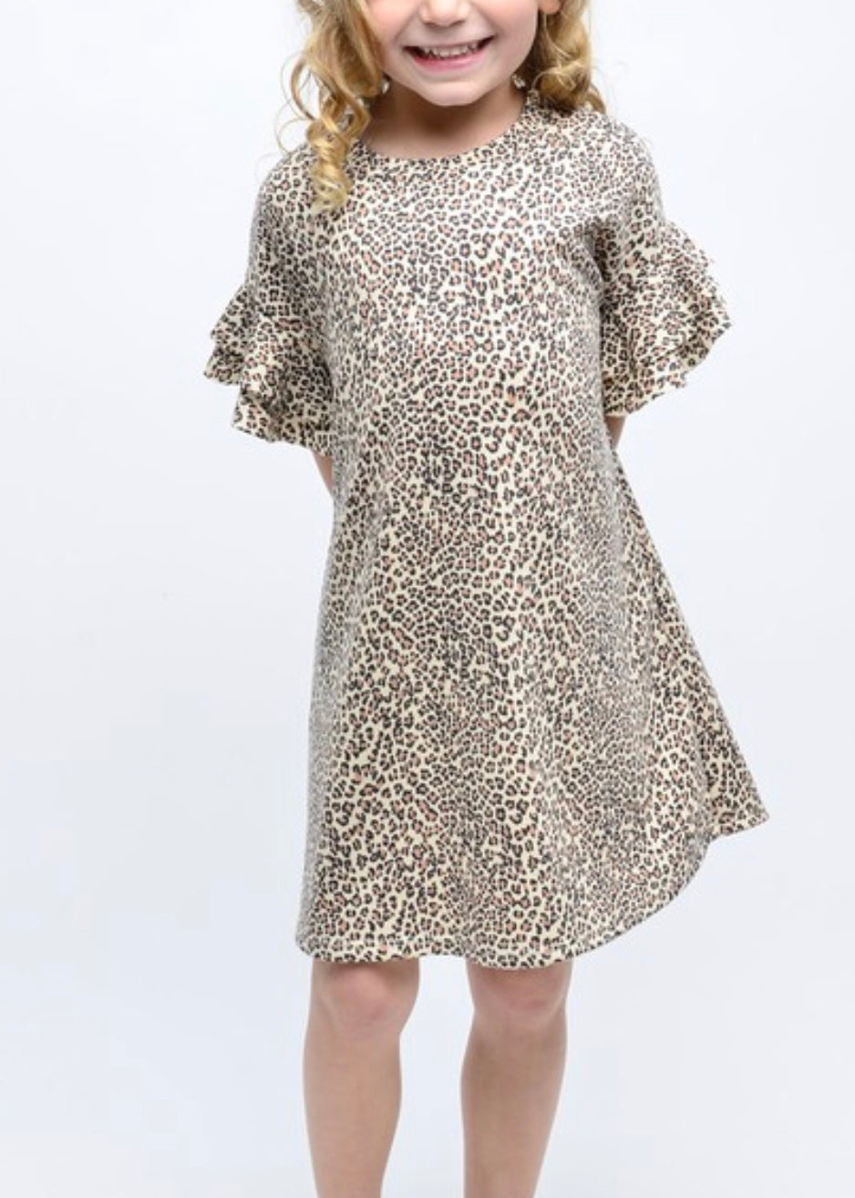 Girls leopard ruffled short sleeve dress