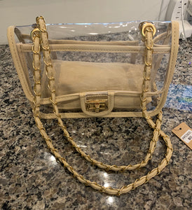 clear bag with gold chain