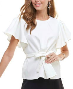 white ruffle shoulder criss cross belt