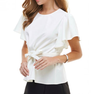 white ruffle shoulder criss cross belt