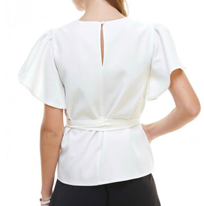 white ruffle shoulder criss cross belt
