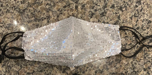 silver and white sequin mask