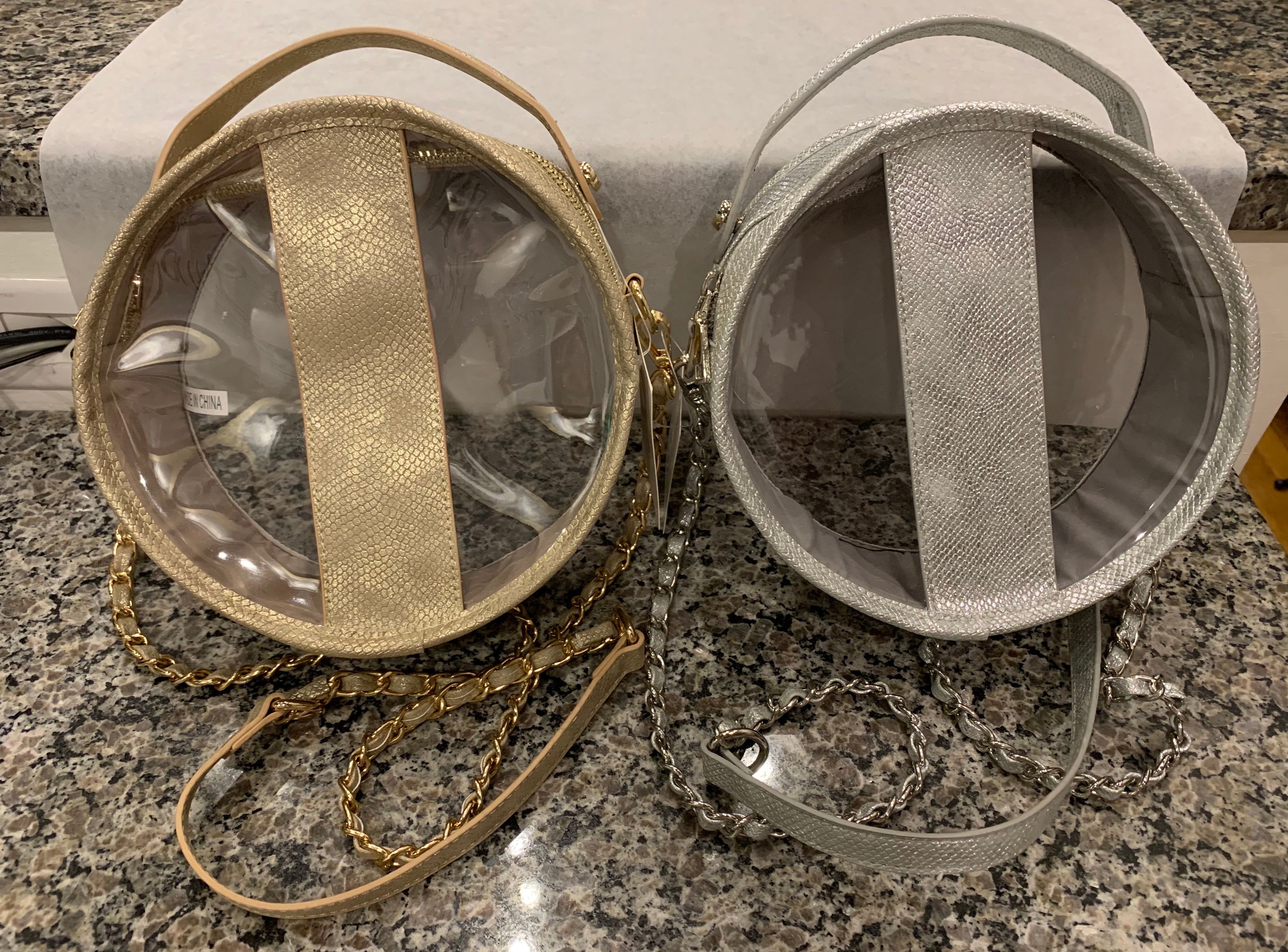 gold and silver round clear bags