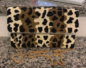 Cream black and gold cheetah beaded bag