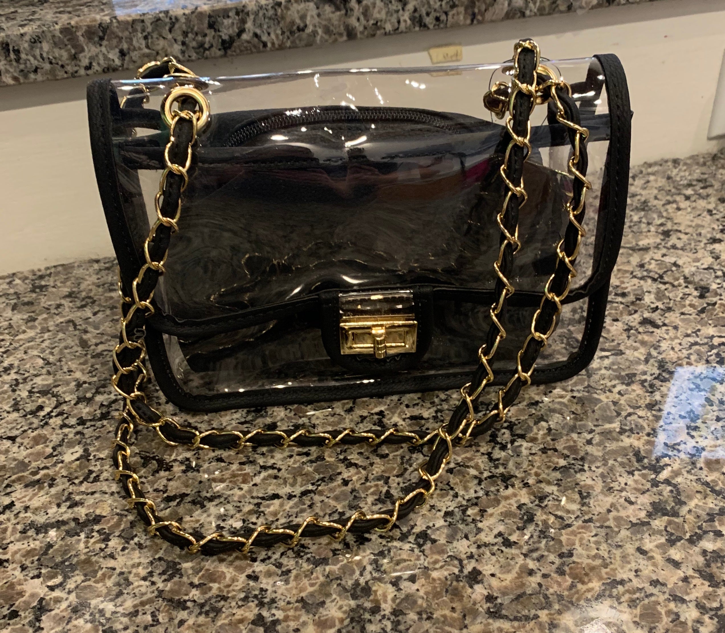 clear bag with gold chain