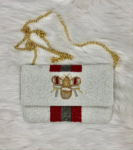 crimson and grey bee stripe bead bag