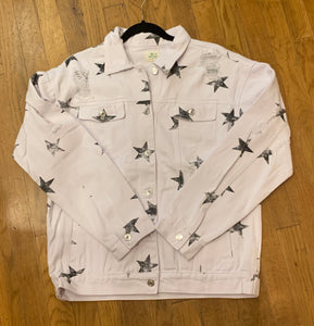 White with black star distressed denim jacket