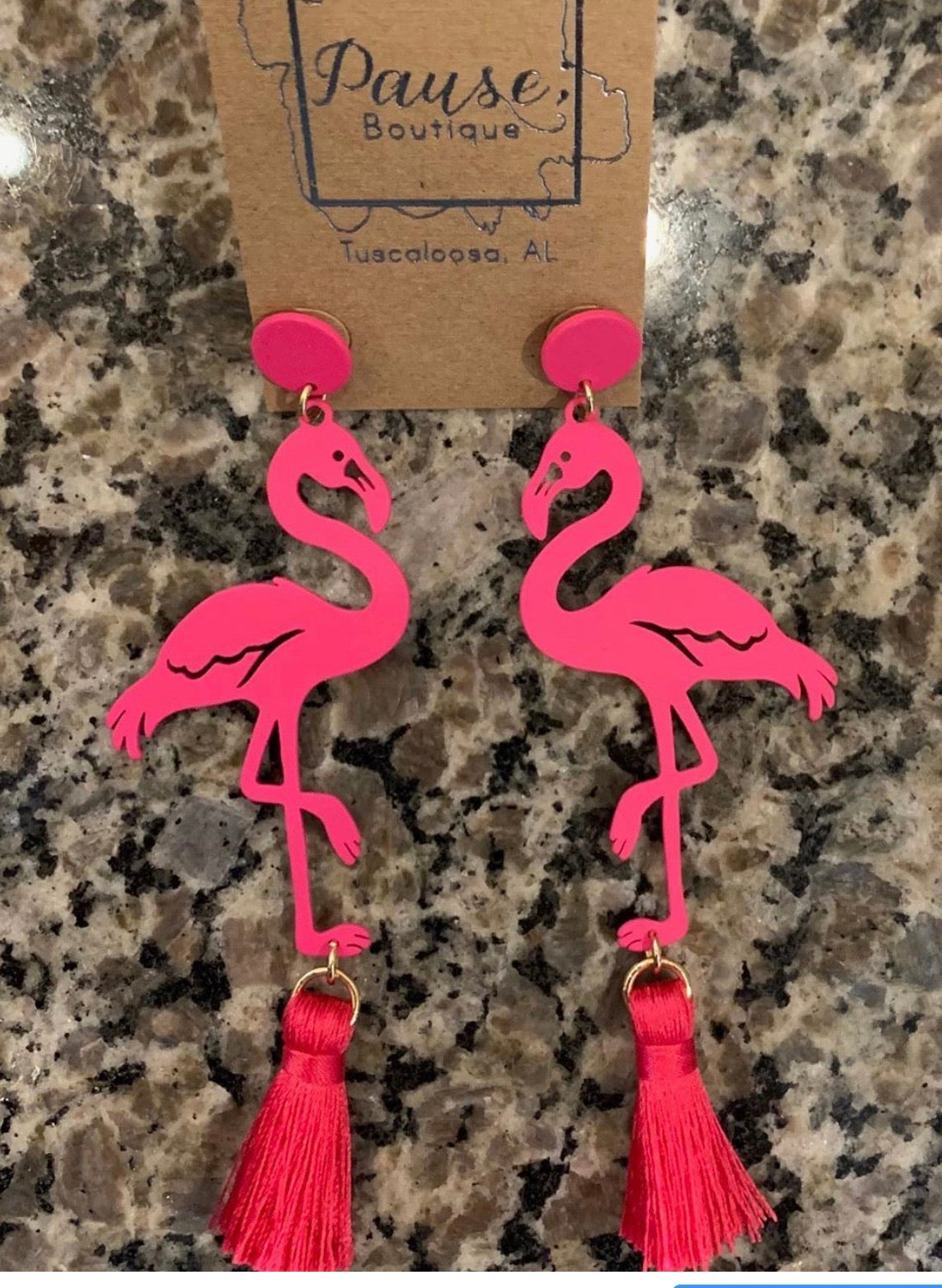 Hot pink metal tassel flamingos