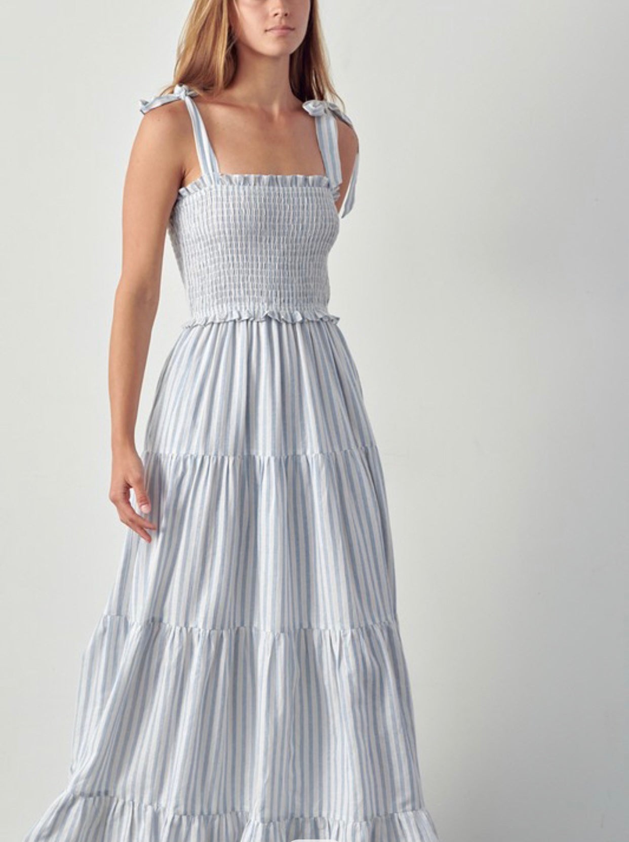 Stripe gather tiered tie strap maxi