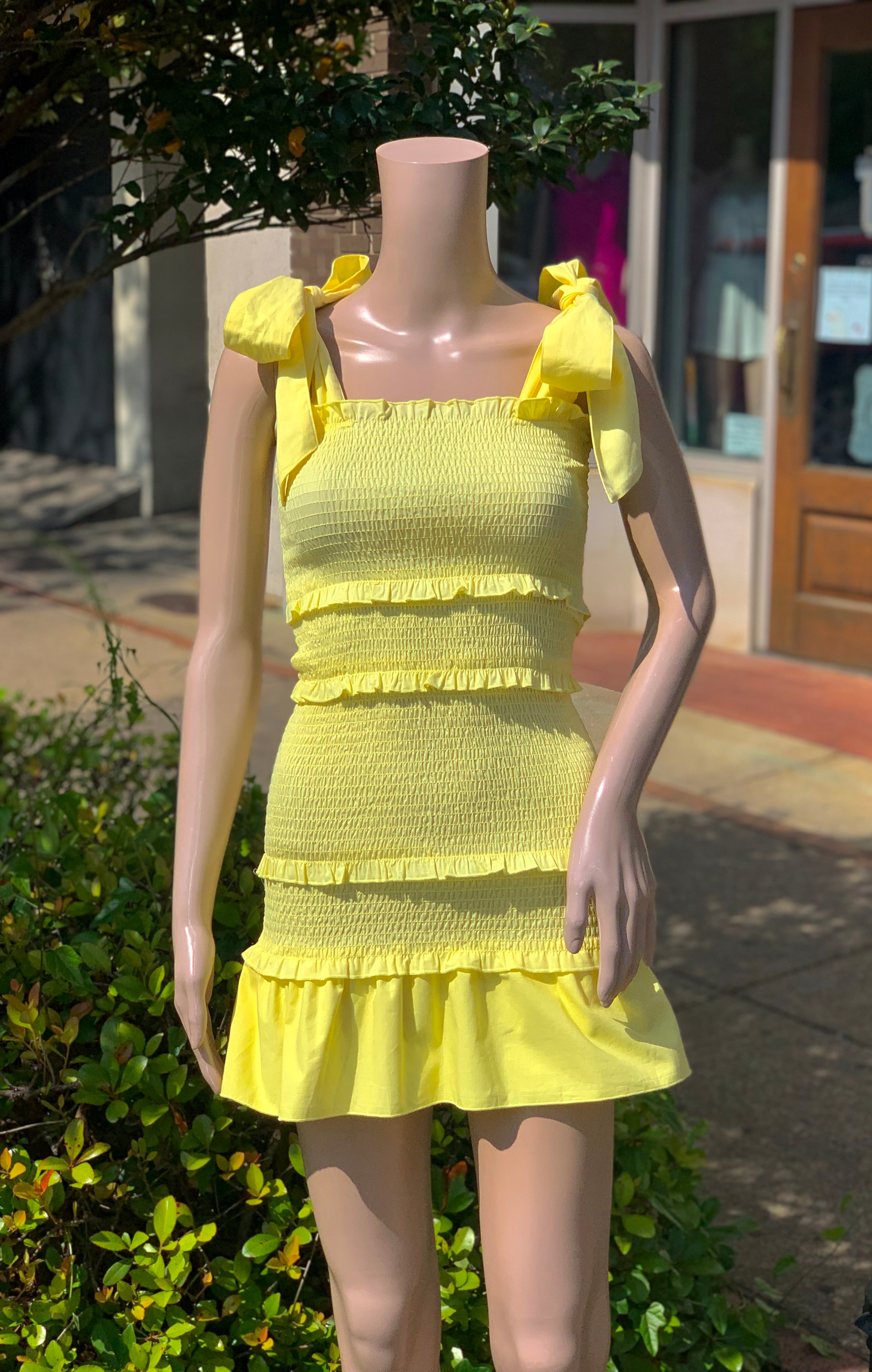 Yellow Bodycon smocked tie shoulder