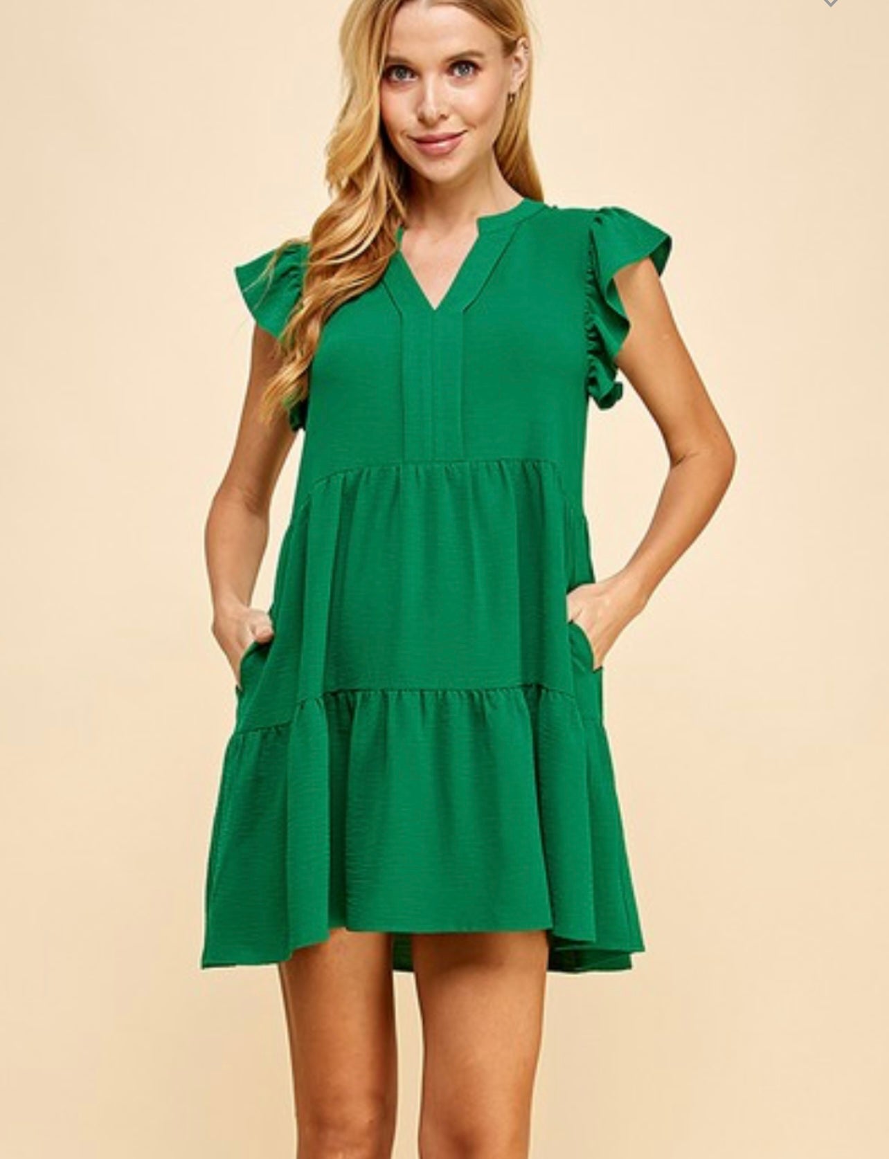 Tiered VNeck small ruffle sleeve dress