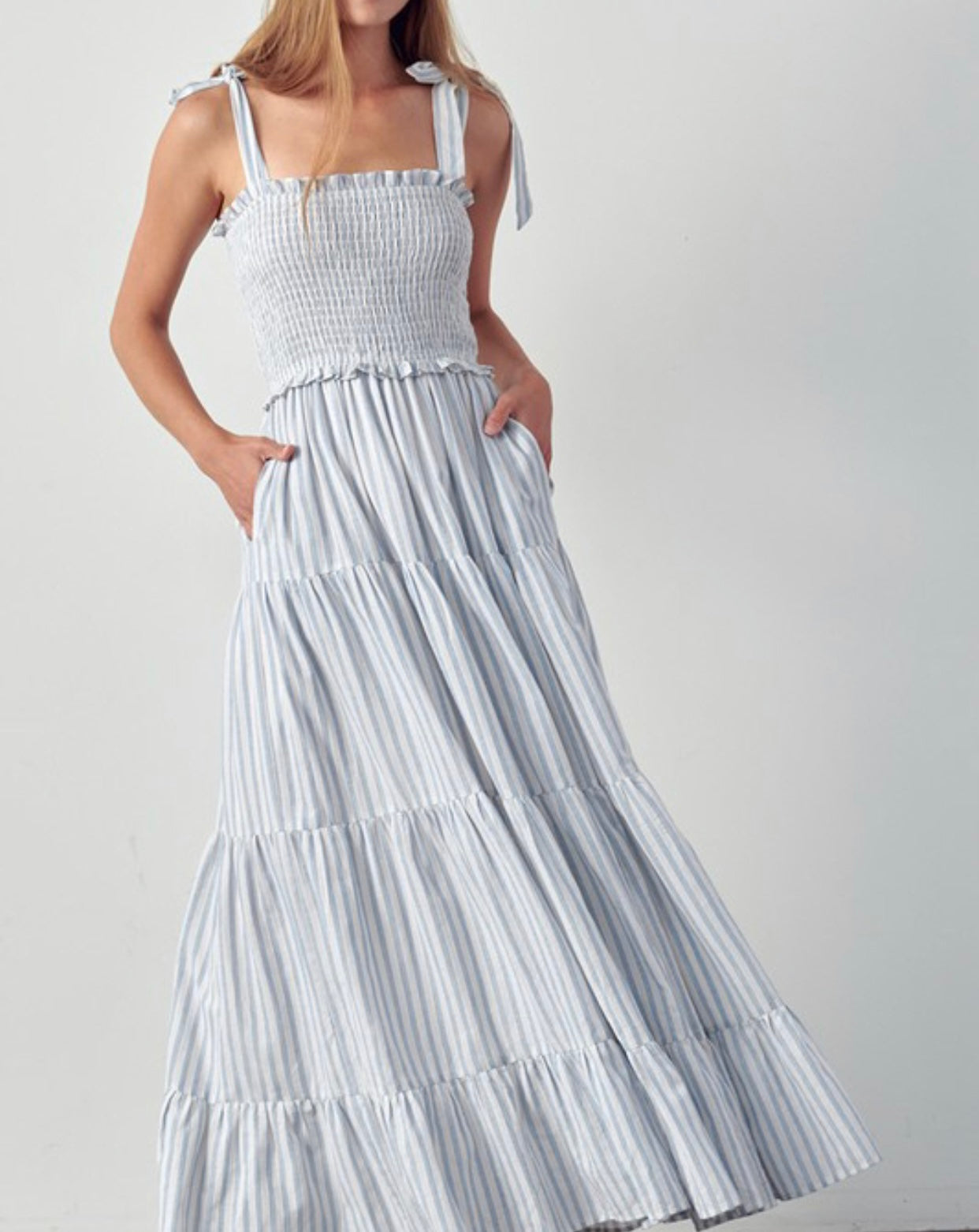 Stripe gather tiered tie strap maxi