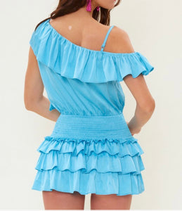 Asymmetrical satin mulit-ruffled romper