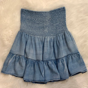 Tiered washed chambray smocked skirt