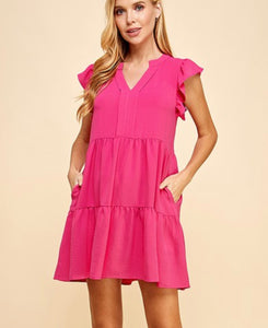 Tiered VNeck small ruffle sleeve dress