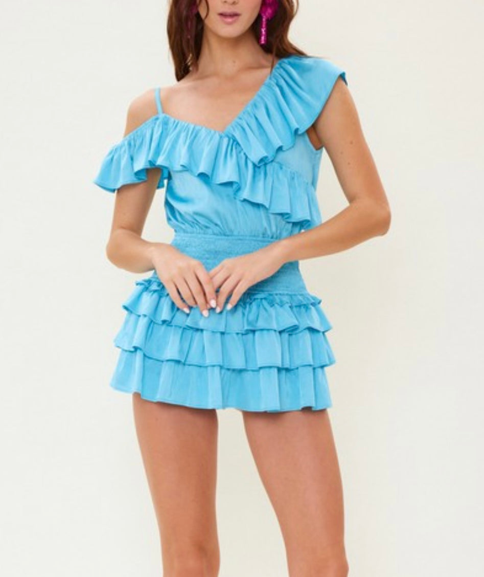 Asymmetrical satin mulit-ruffled romper